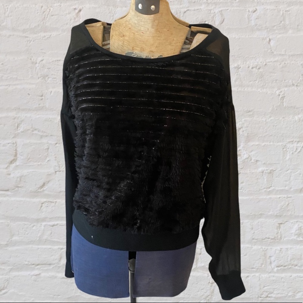 Maddy K Black Silver Striped Fuzzy Sweater Long Sheer Sleeve Top